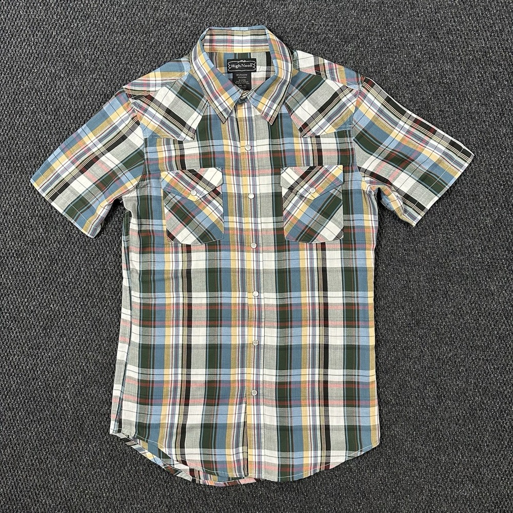 High Noon Men's Western Pearl Snap Shirt Small Blue Yellow Plaid Short Sleeve